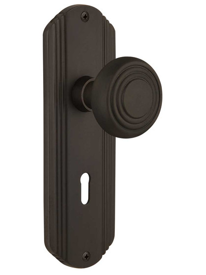 Streamline Moderne Mortise Lock Set with Matching Knobs with Keyhole in Oil-Rubbed Bronze.